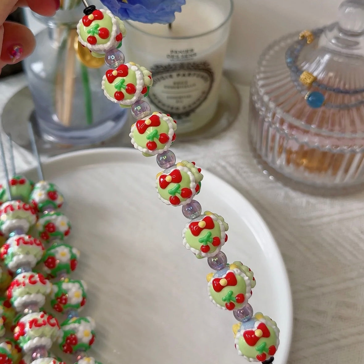 Strawberry Green Hand-Painted Beads