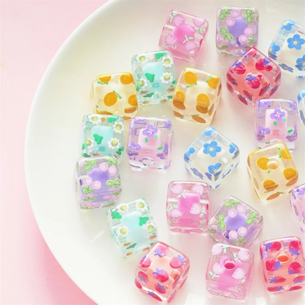 14mm New Flower Beads Square Middle Bead Hand Strings Ropes Bracelet Loose Beads Accessories Girl DIY Jewelry Material