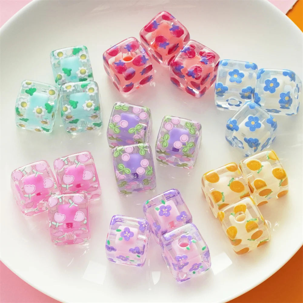 14mm New Flower Beads Square Middle Bead Hand Strings Ropes Bracelet Loose Beads Accessories Girl DIY Jewelry Material